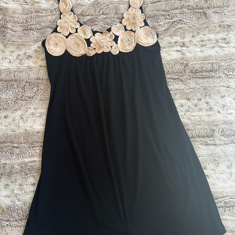 Women’s Black Mini Dress with Cream Floral Accents, Size L
